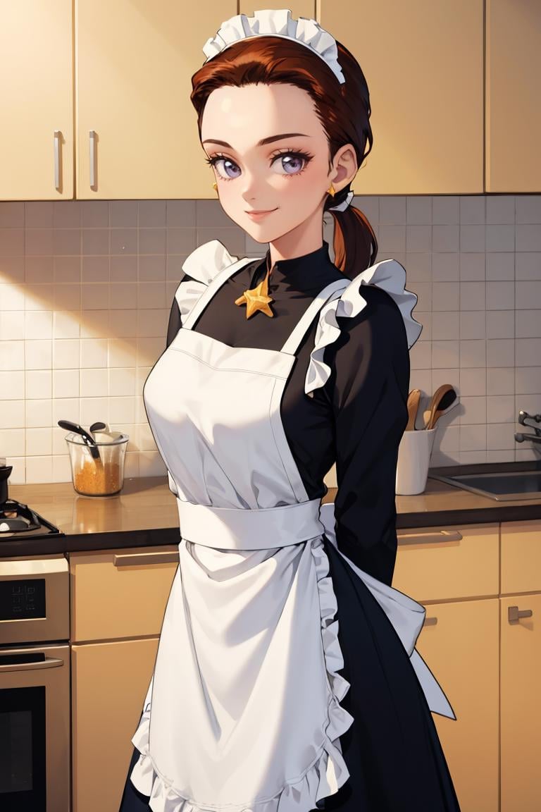 masterpiece, best quality, absurdres, 1girl, solo, SailorStarMaker, long hair, low ponytail, forehead, maid, maid headdress, maid apron, kitchen, arms behind back, smile, <lora:SailorStarMaker:0.9>