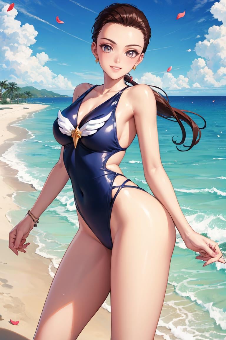 masterpiece, best quality, absurdres, 1girl, solo, SailorStarMaker, long hair, low ponytail, forehead, outdoors, beach, one-piece swimsuit, smile, laughing, palm tree, petals, sun, clouds, ocean, waves, <lora:SailorStarMaker:0.9>