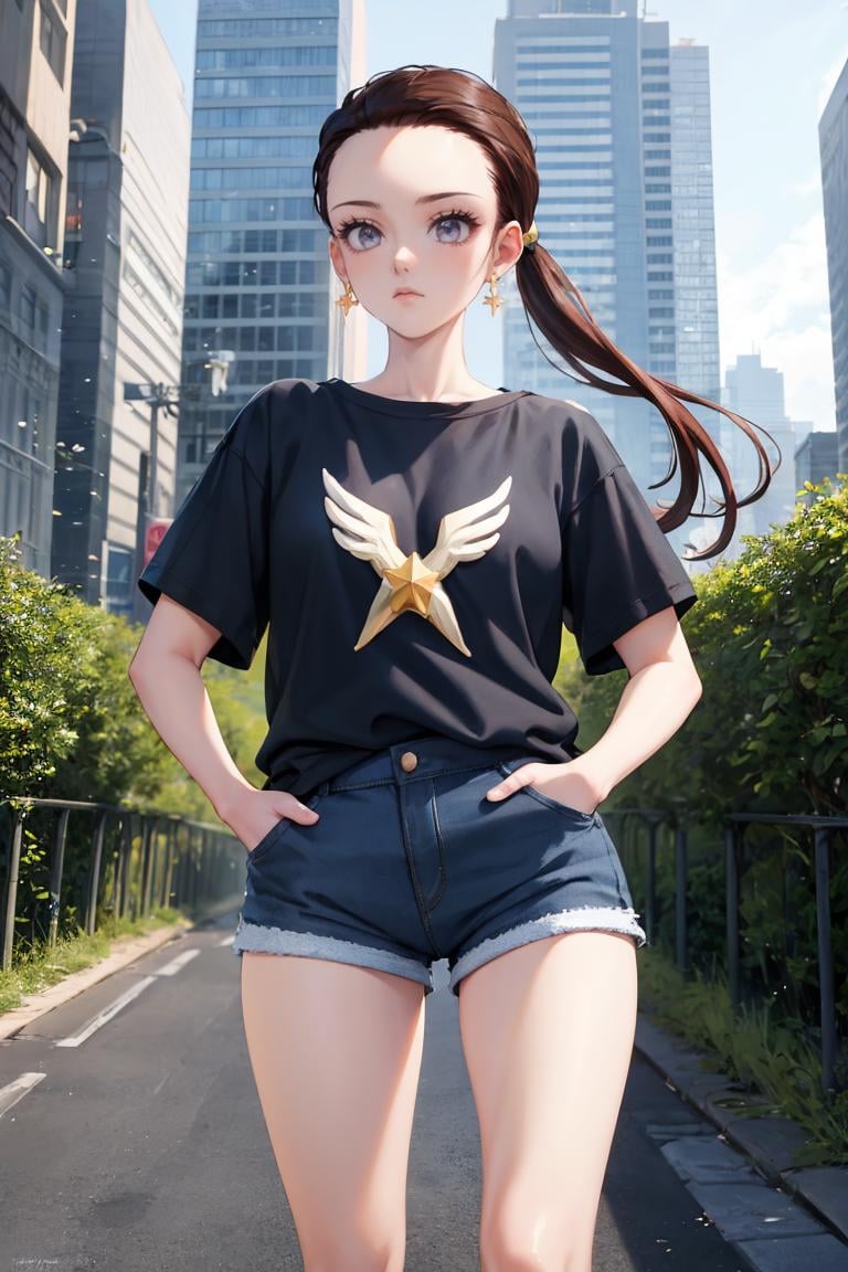 masterpiece, best quality, absurdres, 1girl, solo, SailorStarMaker, long hair, low ponytail, forehead, t-shirt, denim shorts, standing, outdoors, city, hands in pockets, <lora:SailorStarMaker:0.9>