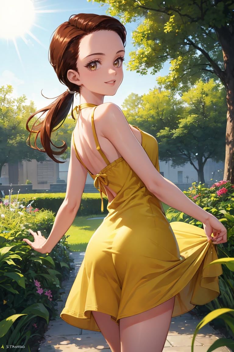 masterpiece, best quality, absurdres, 1girl, solo, SailorStarMaker, long hair, low ponytail, forehead, from behind, (yellow sundress), garden, day, sunshine, smile, looking back, <lora:SailorStarMaker:0.9>