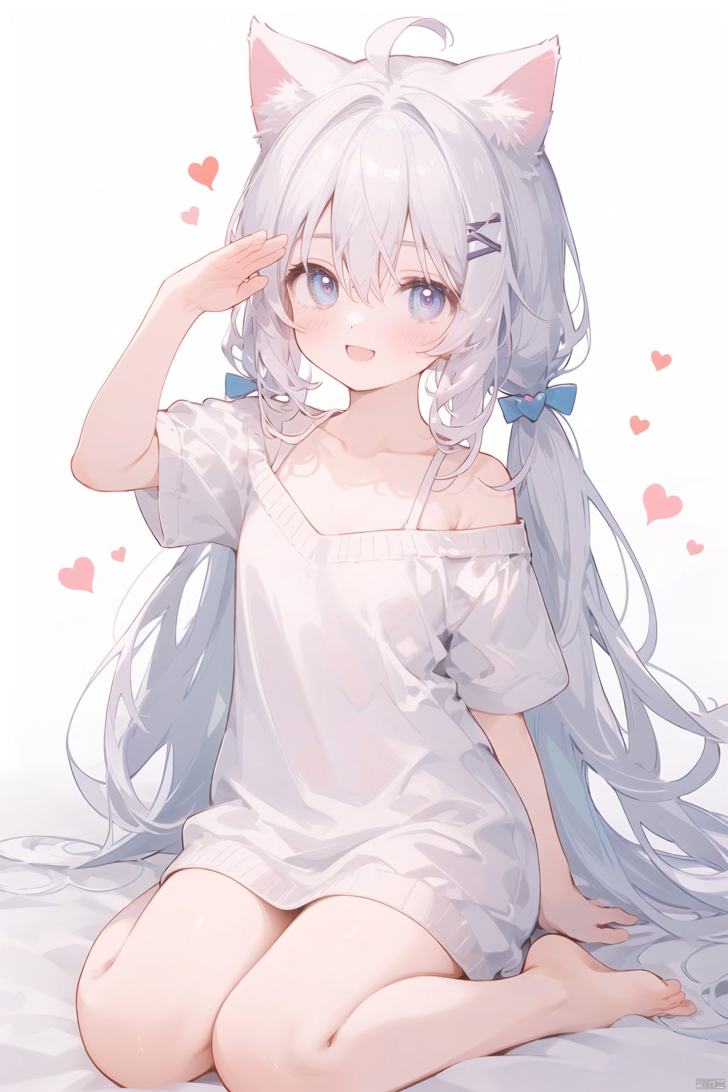  30710, petite, loli, solo, animal ears, heart, puffy short sleeves, white hair, long hair, off shoulder, bangs, hair ornament, gradient background,rainbow gradient, x hair ornament, animal ear fluff, looking at viewer, very long hair, blush, smile, cat ears, bare shoulders, collarbone, hand up, gradient sweater, hair between eyes, symbol-shaped pupils, arm up, heart-shaped pupils, hairclip, medium breasts, salute, bare legs,full body