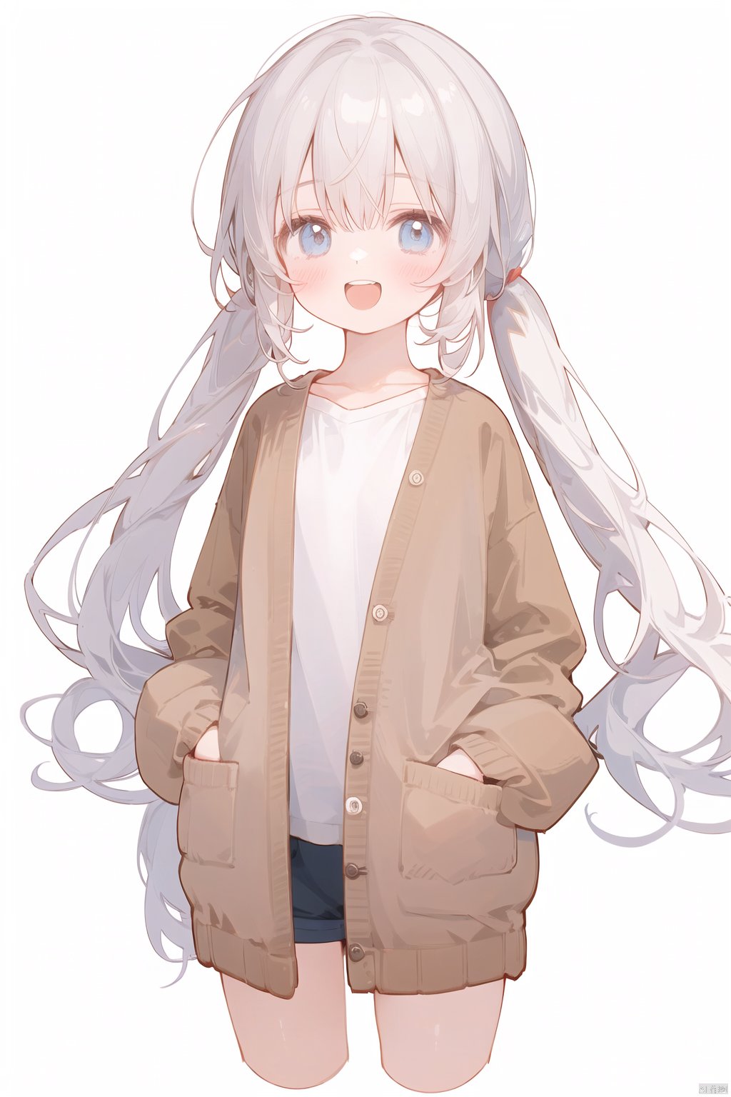 1girl, solo,light brown hair, twintails, blush, smile, shirt, white shirt, long shirt, ^ ^, brown cardigan, cardigan, closed eyes, collarbone, cropped legs, long sleeves, sleeves past fingers, sleeves past wrists, upper teeth only, teeth, white background