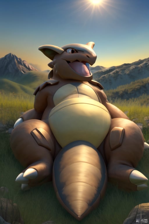 masterpiece, 4K, kangaskhan, Brown body, Grey yellow ears, Grayish yellow abdomen, brood pouch, 3 toes, female, A baby in light blue, pokemon \(creature\), (solo:1.3), lie, outdoor, happy, open mouth, Ultimate details, mountain, sky, grass,  on back,<lora:EMS-298910-EMS:0.900000>