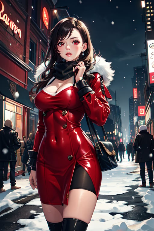 tifa lock hart, red luxury bodycon dress, fur scarf, on the winter night street, snow fall