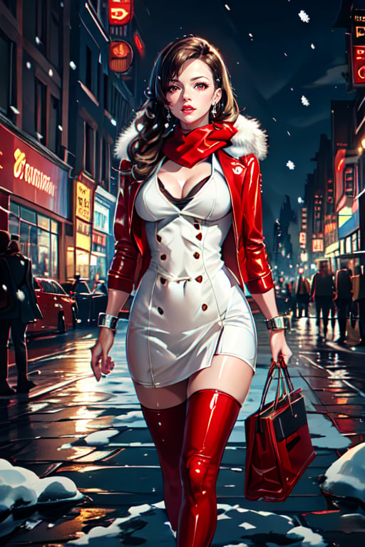 tifa lock hart, red luxury bodycon dress, fur scarf, on the winter night street, snow fall