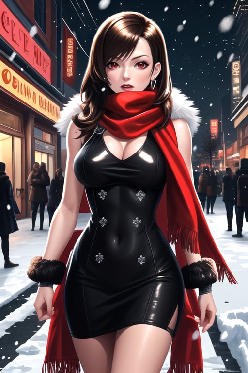 tifa lock hart, red luxury bodycon dress, fur scarf, on the winter night street, snow fall