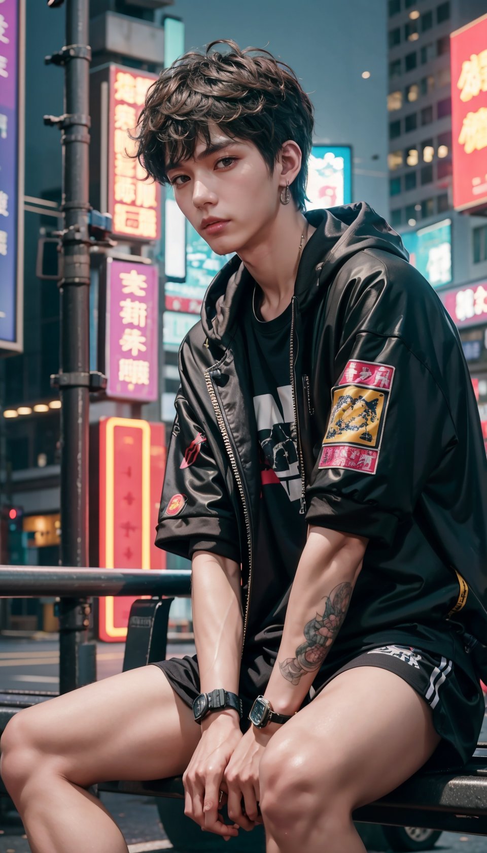 At night there was a man sitting on a city bench, Cai Xukun, inspired by Yanjun Cheng, Inspired by Bian Shoumin, yanjun cheng, Inspired by Zhang Han, Guviz-style artwork, cyberpunk streetwear, wearing cyberpunk streetwear, inspired by Russell Dongjun Lu, inspired by Huang Gongwang, Male ulzzang