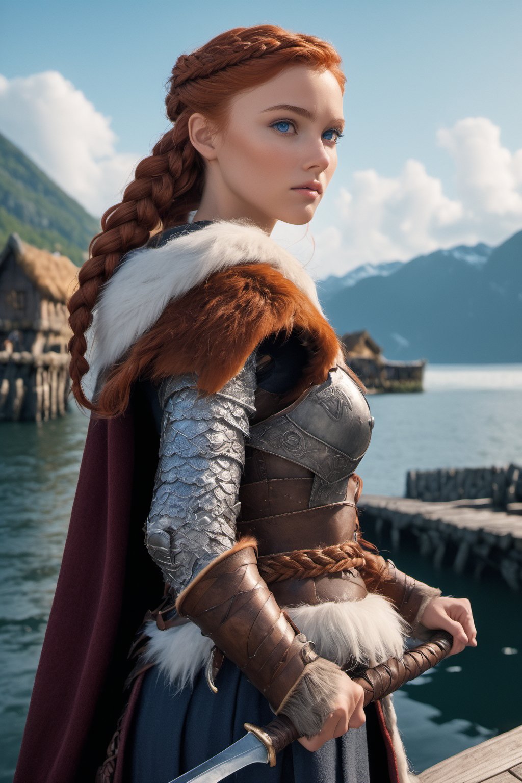 (best quality, UHD, 16K, masterpiece, (photorealistic:1.2), soft light, perfect texture, high quality),
looking at viewer, 
1girl, (Valkyrie:0.8), redhead, (braided braid:1.1), blue eyes,  

fur cape, holds weapon, armor, lace skirt, stands in the harbor, on the jetty, (langbot:1.4)

((Background: fjord, middle ages, viking houses)),