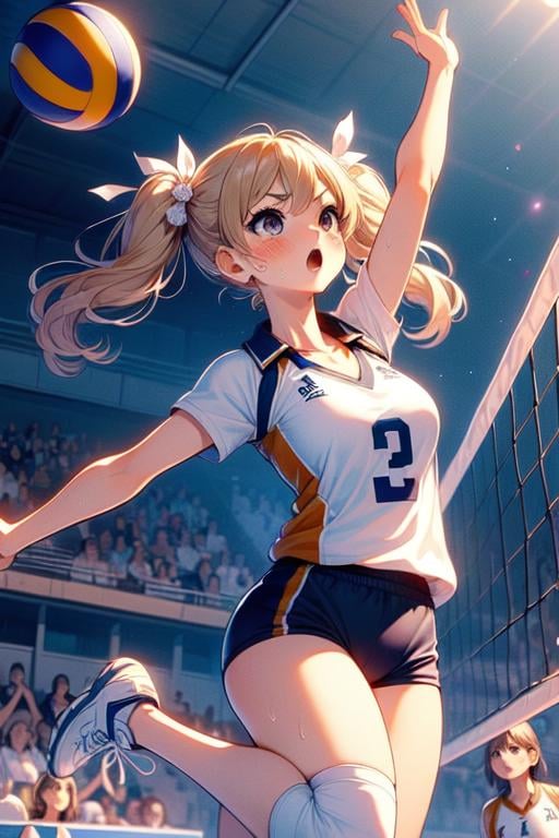 (((masterpiece))), (((best quality))), ((volleyball)), ((jumping)), ((chest out)), ((raise head)), ((raise shoes)), ((legs up)), sportswear, wind, night, crowd, stadium, cinematic light, cleavage, (((big tits))), ribbon, blonde twintails, rosy lips, open mouth, summer, hot, sweat, shy, blush, slim figure, <lora:girllikevolleyball:1>