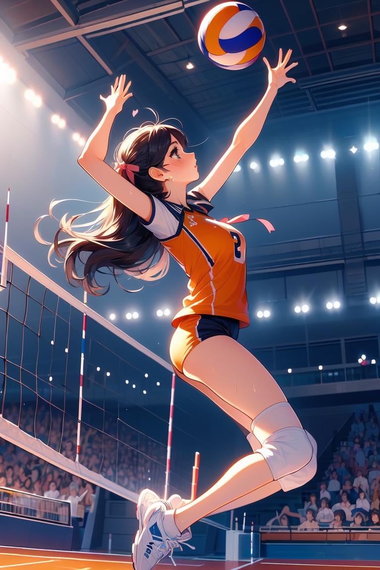 (((masterpiece))), (((best quality))), (((from side))), (((full body))), (((volleyball))), (((flying))), ((chest out)), ((raise head)), ((arms up)), ((raise shoes)), ((legs up)), sportswear, wind, night, crowd, stadium, cinematic light, cleavage, (((big tits))), collarbone, ribbon, longhair, rosy lips, parted lips, sweat, shy, blush, slim figure, <lora:girllikevolleyball:1>