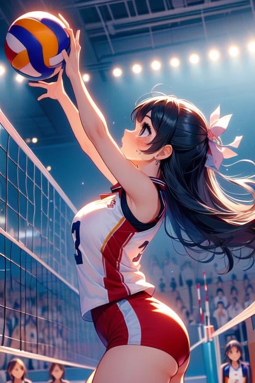 (((masterpiece))), (((best quality))), (((from side))), (((volleyball))), (((flying))), ((chest out)), ((raise head)), ((arms up)), ((raise shoes)), ((legs up)), sportswear, wind, night, crowd, stadium, cinematic light, cleavage, (((big tits))), collarbone, ribbon, longhair, rosy lips, parted lips, sweat, shy, blush, slim figure, <lora:girllikevolleyball:1>