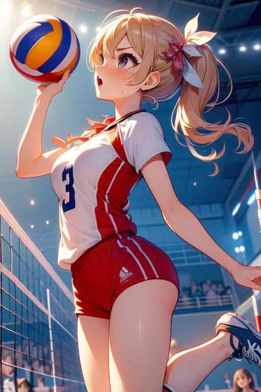 (((masterpiece))), (((best quality))), ((volleyball)), ((jumping)), ((chest out)), ((raise head)), ((raise shoes)), ((legs up)), sportswear, wind, night, crowd, stadium, cinematic light, cleavage, (((big tits))), ribbon, blonde twintails, rosy lips, open mouth, summer, hot, sweat, shy, blush, slim figure, <lora:girllikevolleyball:1>