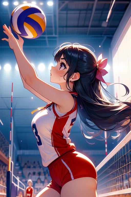 (((masterpiece))), (((best quality))), (((from side))), (((volleyball))), (((flying))), (((chest out))), (((raise head))), (((arms up))), (((raise shoes))), (((legs up))), sportswear, wind, night, crowd, stadium, cinematic light, cleavage, (((big tits))), ribbon, longhair, rosy lips, parted lips, sweat, shy, blush, slim figure, <lora:girllikevolleyball:1>