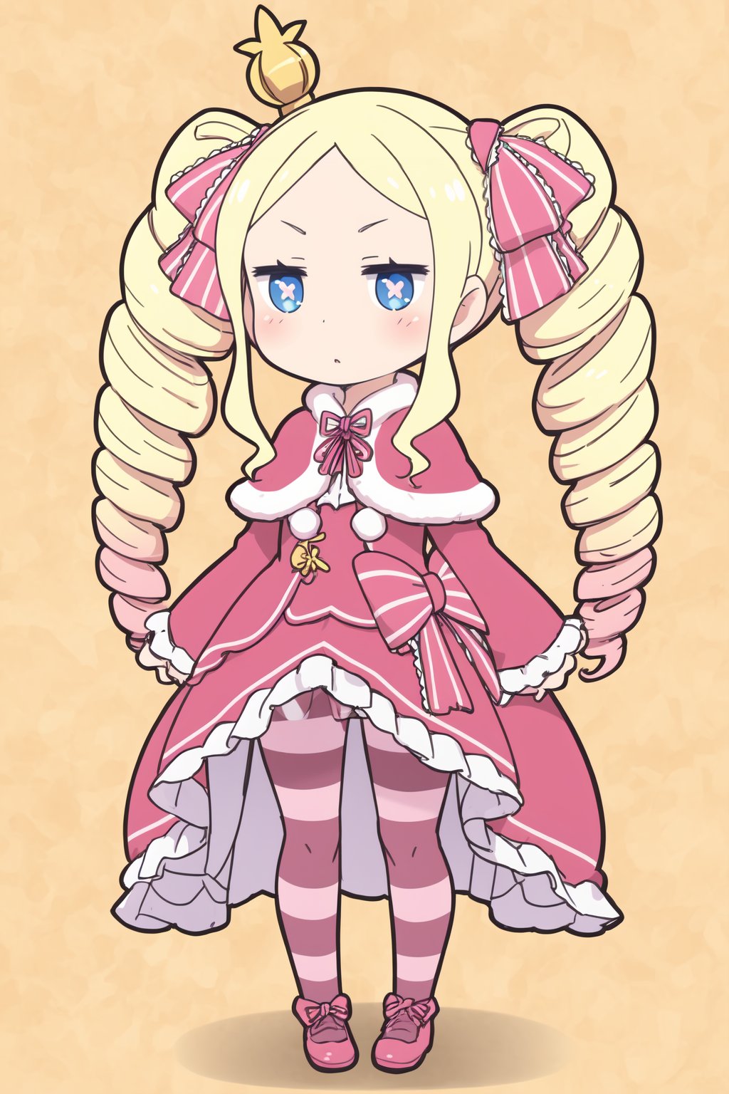 <lora:Betty(test)V1:0.7>Betty, 1girl,solo,long hair,blush,blue eyes,blonde hair,long sleeves,dress,ribbon,twintails,full body,hair ribbon,pantyhose,sidelocks,frills,striped,chibi,symbol-shaped pupils,fur trim,capelet,drill hair,frilled dress,crown,yellow background,twin drills,mini crown,fur-trimmed capelet,striped pantyhose