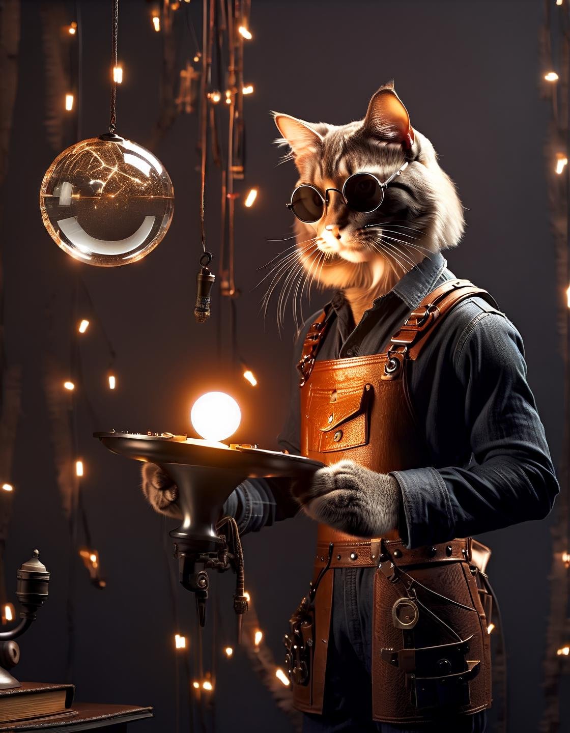 Photograph of  (cute anthropomorphic cat:1.6) holding one fantasy magical orb,  , captured on a (Hasselblad X1D II 50C)