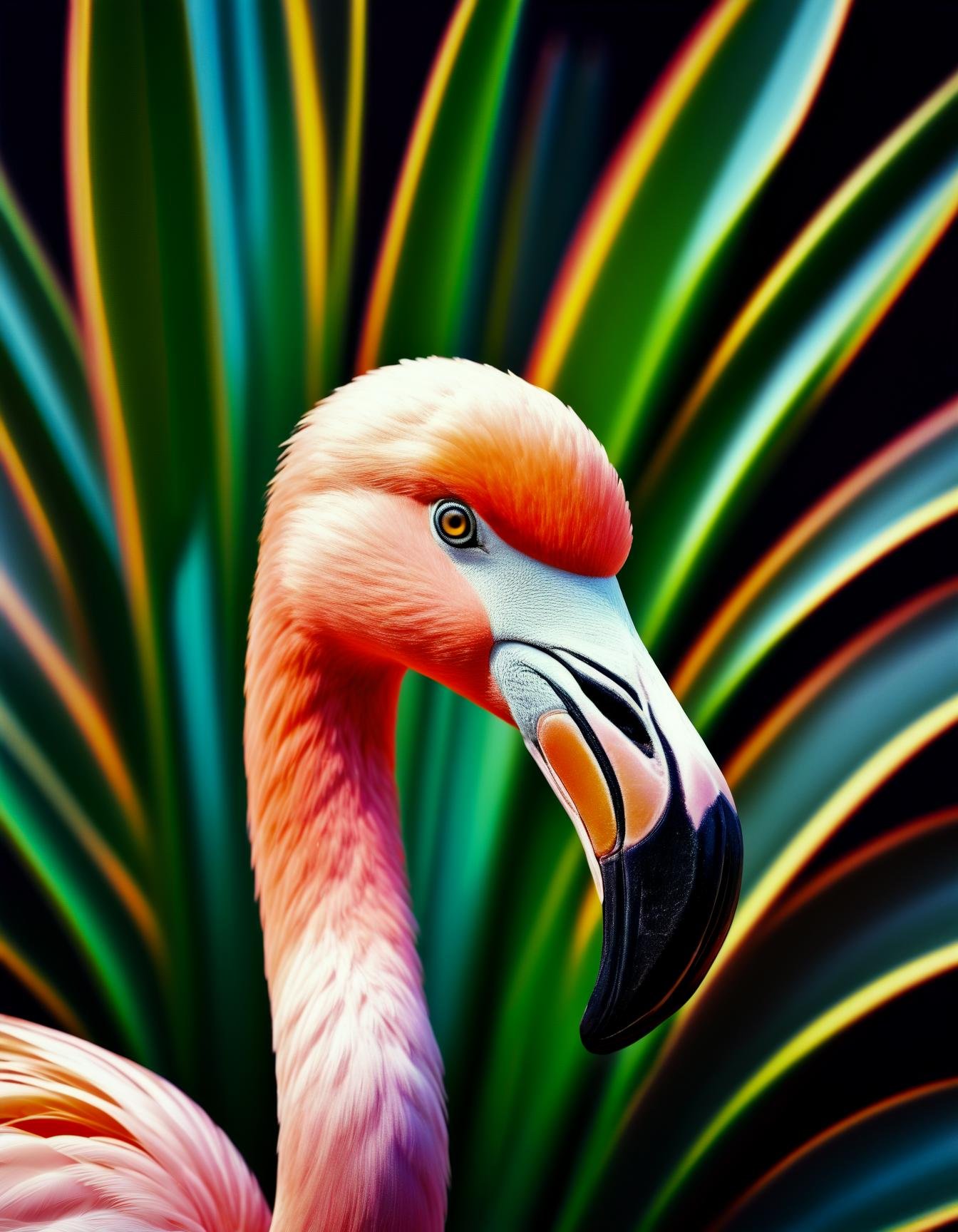 Photograph of  beautiful photo of a flamingo with opal pattern feathers, upclose view of head, 4 k, photorealistic, detailed, multicolor opal pattern, photographed by marina cano , captured on a (Hasselblad X1D II 50C)