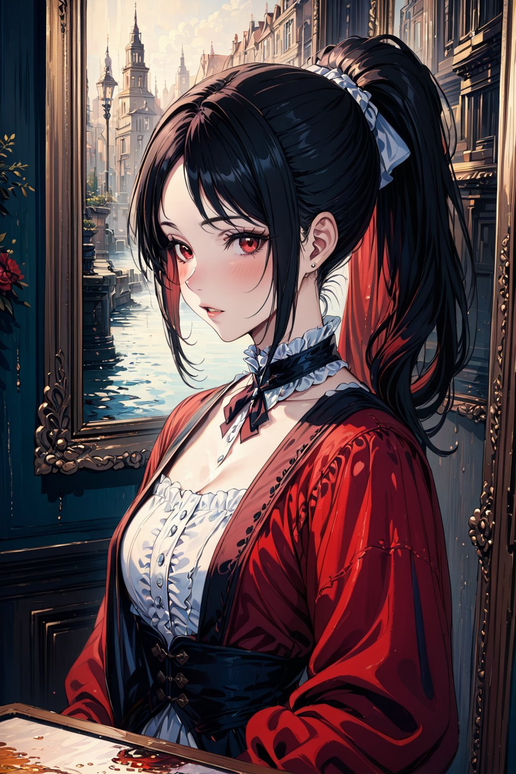 ((masterpiece, best quality)),(oil painting art),1girl,black hair,ponytail hairstyle,red eyes,simple outfit,background in 18th century era , 