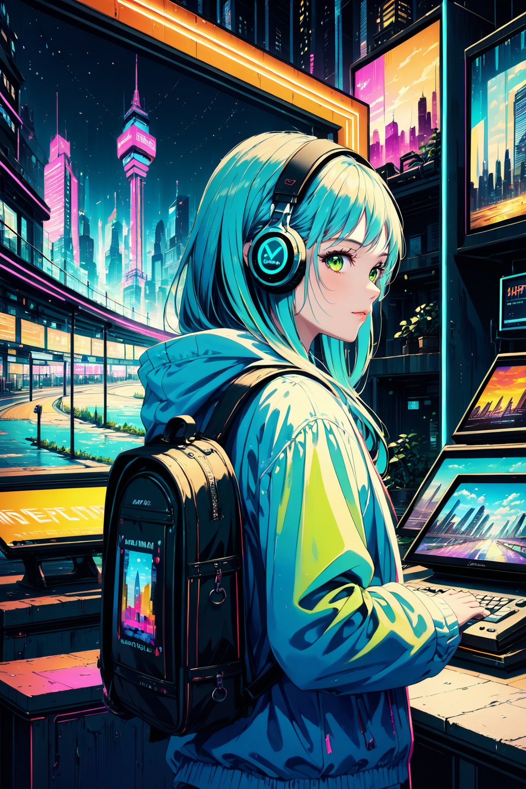 Dreampolis, hyper-detailed digital illustration, cyberpunk, single girl with techsuite hoodie and headphones in the street, neon lights, lighting bar, city, cyberpunk city, film still, backpack, in megapolis, pro-lighting, high-res, masterpiece