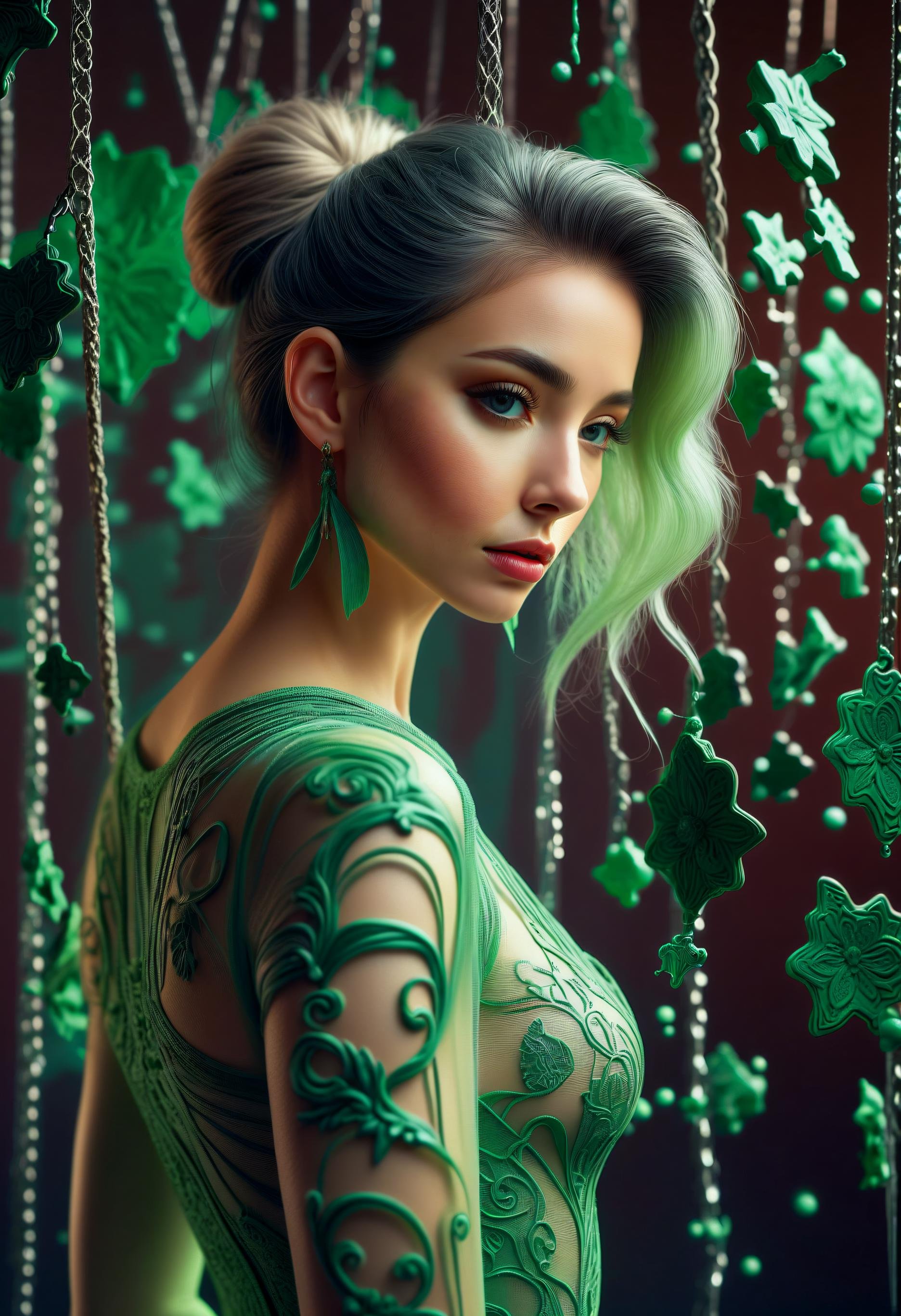 Photograph of  puzzle,(ballerina),Head and torso RAW Photograph, slim, slender girl, looking at viewer, overalls, no bra, sideboob, long green hair, wavy hair, (masterpiece), (best quality:1.2), absurdres, intricate details, in workshop, (highly detailed skin:1.2),intricate details, 8k post production, high resolution, hyper detailed, trending on artstation, sharp focus, studio photo, intricate details, highly detailed, , captured on a (Hasselblad X1D II 50C)