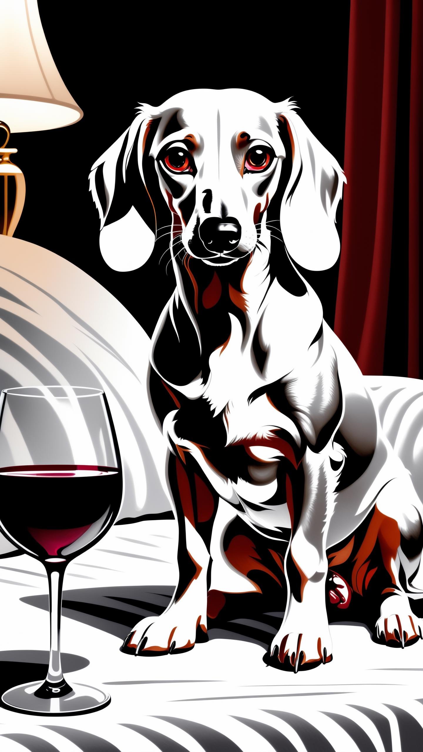 muscular dog, A elegant white dachshund sits on a white towel looking skeptical with a glass of red wine, looking down at viewer with quiet resentment, in a living room, head tilted down, evil void eyes