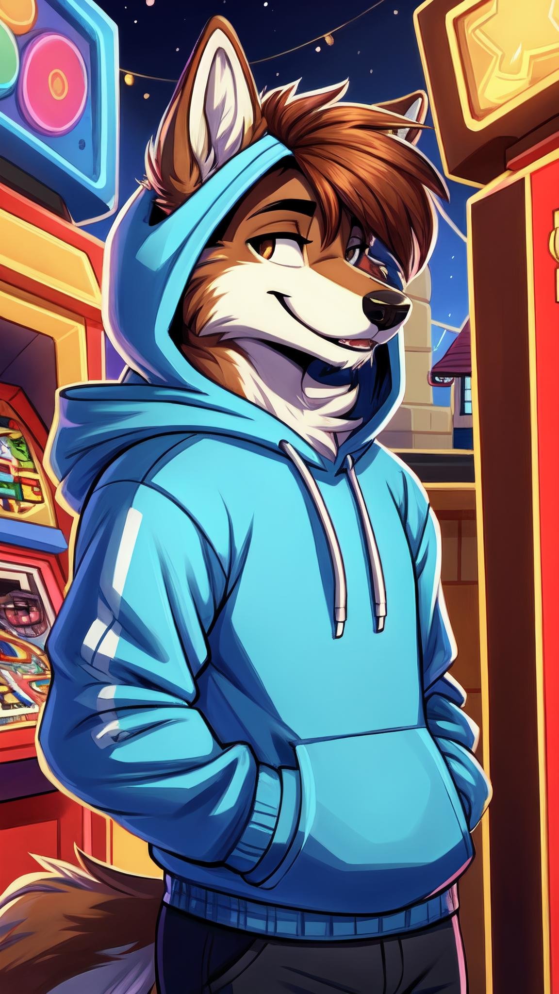 Retro arcade style anthropomorphic, wolf, fur, furry, male, detailed tail, detailed fur, detailed face, perfect face, perfectly rendered face, correct eyes, brown eyes, brown hair, brown fur, hairstyles, detailed muzzle, detailed mouth, detailed fur, five fingers, proper hands, proper shading, proper lighting, detailed, detailed background, detailed foreground, solo focus, detailed character(s), high quality, (high res), hoodie, headshot, portrait, smile, closed eyes, closed eyed smile . 8-bit, pixelated, vibrant, classic video game, old school gaming, reminiscent of 80s and 90s arcade games