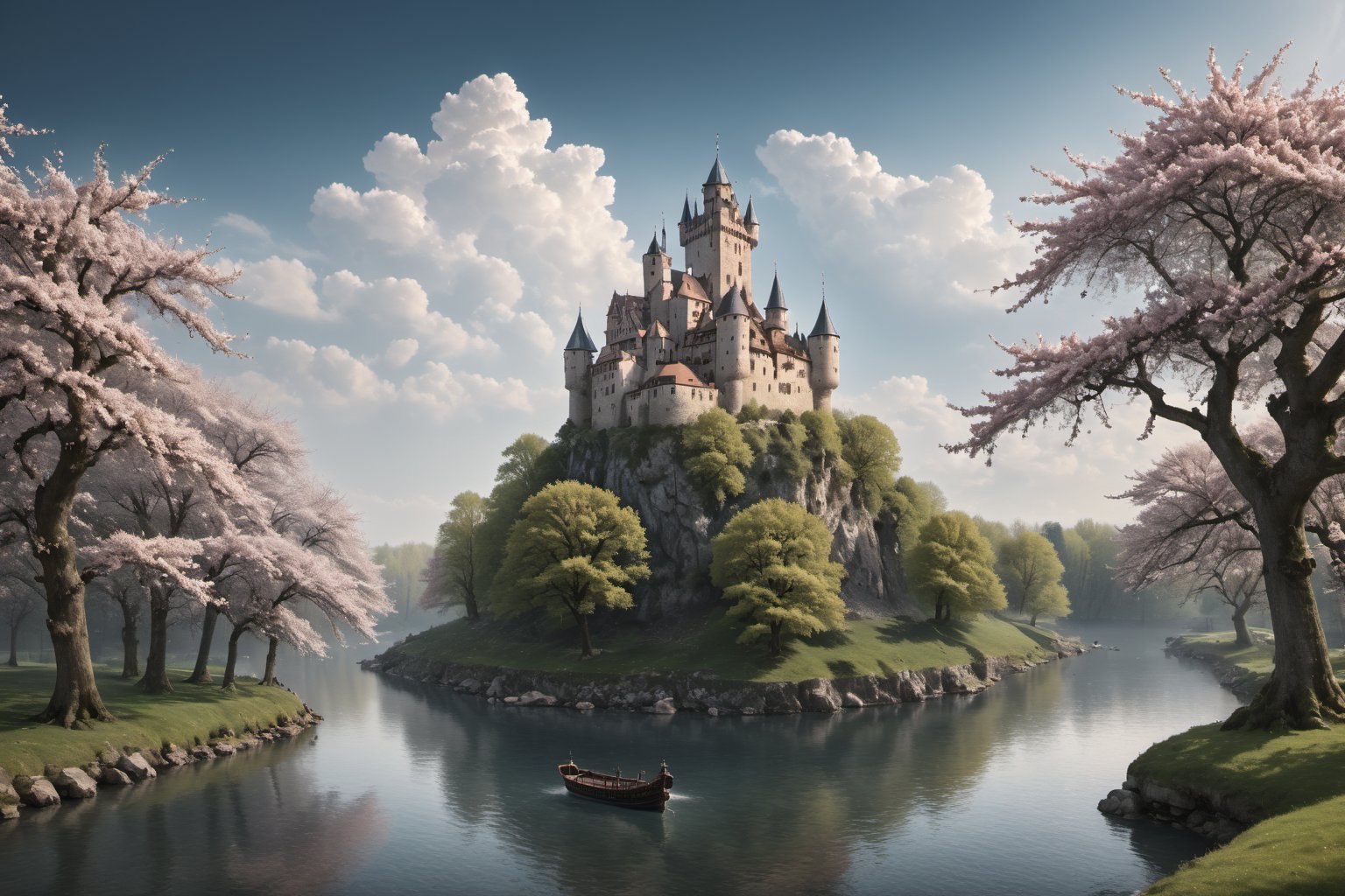 High resolution, extremely detailed, atmospheric scene, masterpiece, best quality, high resolution, 64k, high quality, UHD, 

/GC\ 

cloud castle, floating, hover, medieval, germany, outdoors, water, tree, no humans, cherry blossoms, nature, scenery, forest, bush, river, waterfall, 