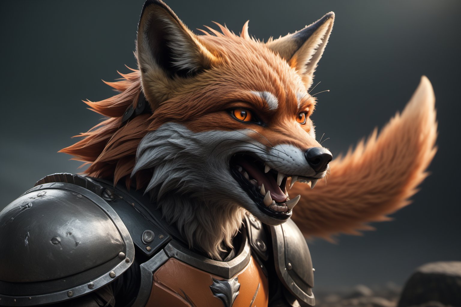 High resolution, extremely detailed, atmospheric scene, masterpiece, best quality, high resolution, 64k, high quality, UHD,

/GC\

solo, 1animal, animal ears, upper body, male focus, nice teeth, from side, orange eyes, fangs, sharp teeth, furry, fox, snout, armor, abstract, nice teeth,