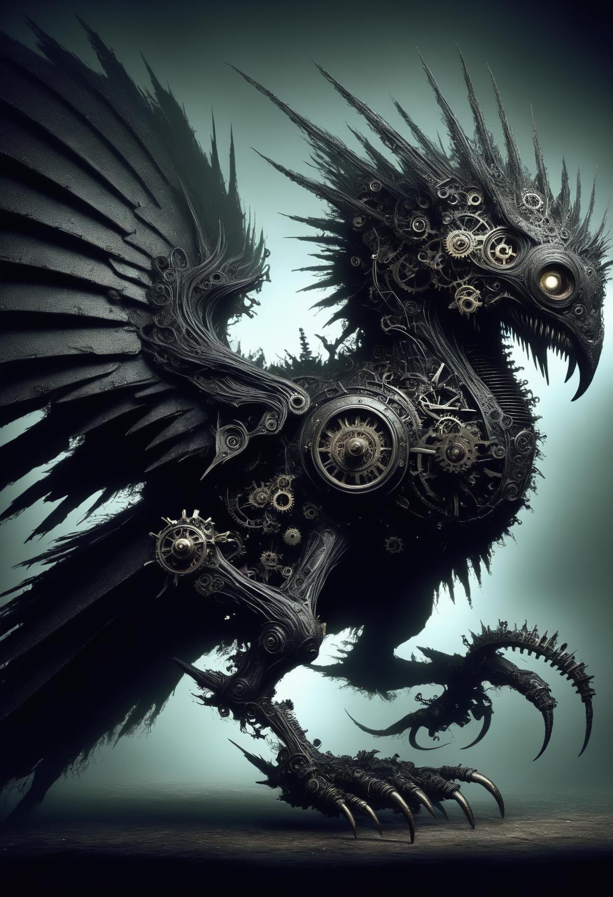 enormous avian scaled eclectic wormlike entity,  padded appendages,  spiked-tailed, spiky scales,  tufted ears,  mechanical wings made of gears and cogs and clockwork, ,DonM3v1lM4dn355XL, stygical, evil, dark  <lora:DonM3v1lM4dn355XL-000010:1.0>