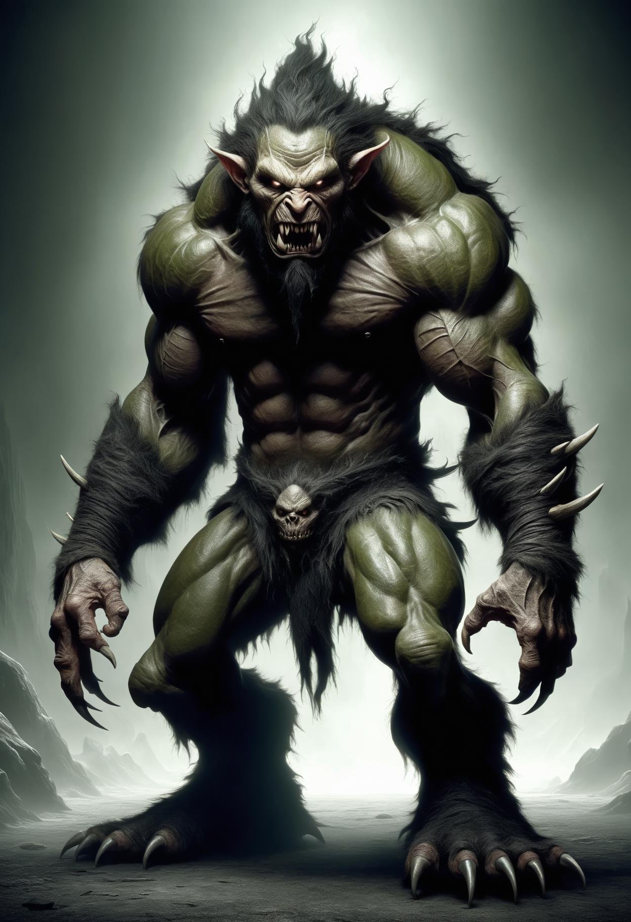 elf, large humanoid creature, brutish monstrous appearance, muscular hulking physique, exaggerated facial features, tusks, , earth toned skin, primitive crude clothing, strength, intimidating presence,  ,dreadful,energetic,project,DonM3v1lM4dn355XL <lora:DonM3v1lM4dn355XL-v1.1-000012:0.8>