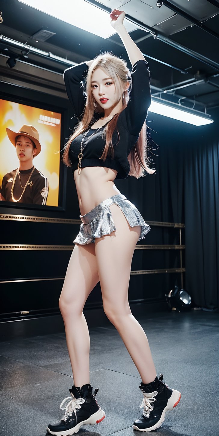 (photo style), (soft Ornate style), ( 8K) , ultra realisitic ,((photorealistic)) , strong muscles of a cool (cool and mischievous (golden necklace), (golden rings), (silver necklace, chains),  168cm height, cowboy_shot, dressed as rapper and baggy clothes, and miniskirt) half-length (breakdancing), mischievous smile , (photorealistic environment with there is public watching), (cinema lighting), (flashing lighting), (highly detailed bacgroung) , Movie Still,WaveMiu, dark club, dancing floor, dance room,WaveAri