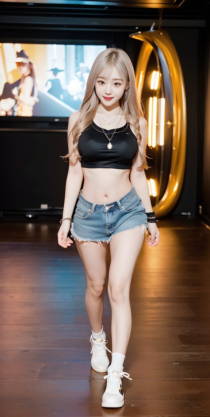 (photo style), (soft Ornate style), ( 8K) , ultra realisitic ,((photorealistic)) , strong muscles of a cool (cool and mischievous (golden necklace), (golden rings), (silver necklace, chains),  168cm height, cowboy_shot, dressed as rapper and baggy clothes, and miniskirt) half-length (breakdancing), mischievous smile , (photorealistic environment with there is public watching), (cinema lighting), (flashing lighting), (highly detailed bacgroung) , Movie Still,WaveMiu, dark club, dancing floor, dance room,WaveAri