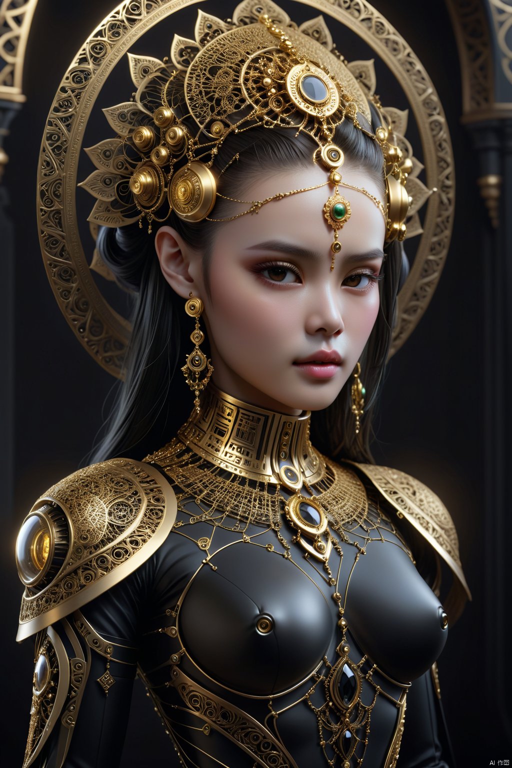  full body, breathtaking portrait of beautiful female looking at viewer, gold ornaments, in the style of gothic futurism, monochromatic symmetry, intricate embellishments, eerily realistic, yup'ik art, photo-realistic techniques, porcelain, subsurface scattering, Photorealistic, Hyperrealistic, analog style, realistic, film photography, soft lighting, heavy shadow . award-winning, professional, highly detailed, Eathereal goddess, non nsfw contents.