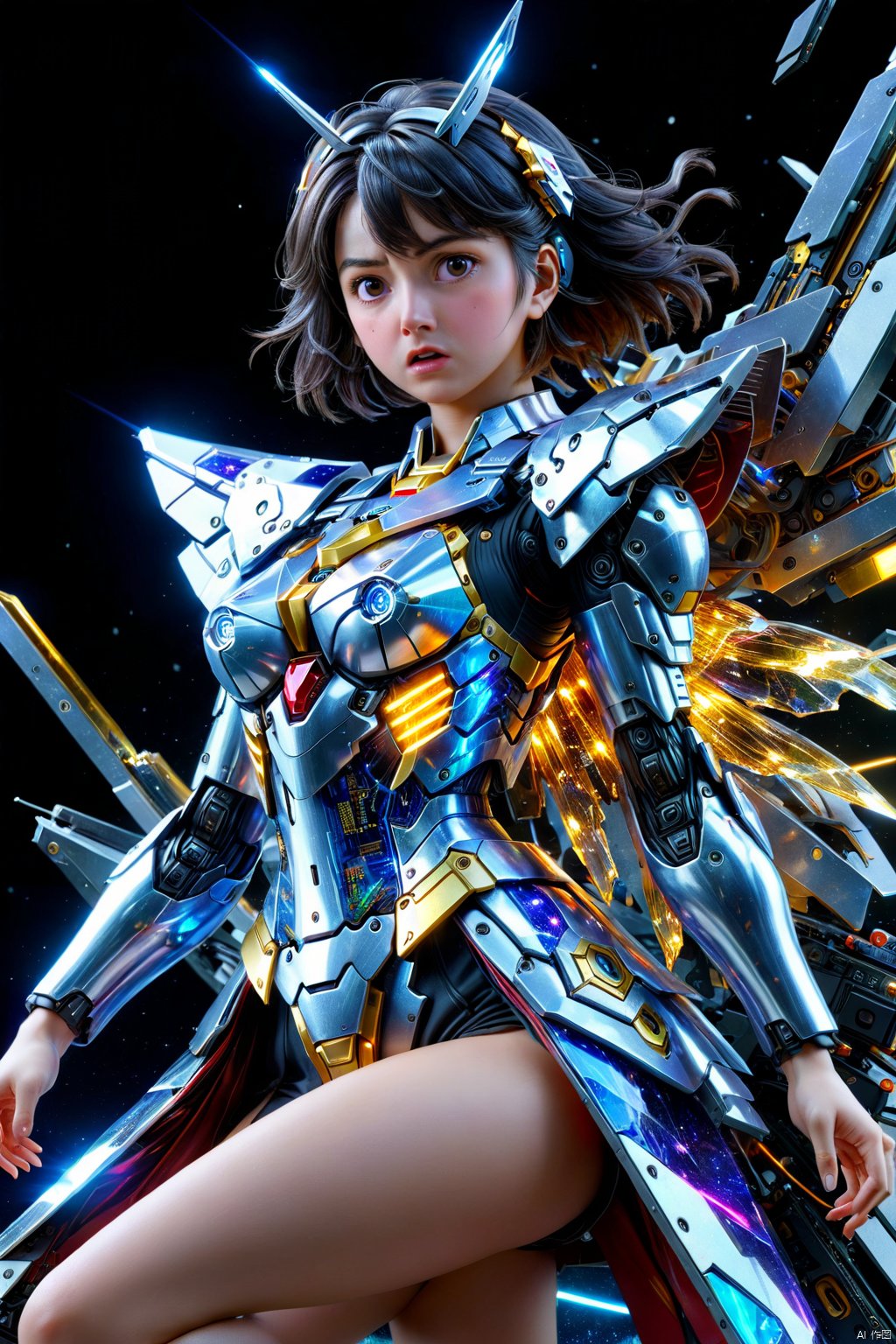  (1girl:1.3),full_body,gundam,highly realistic,glassy translucence,graceful, pose, blink-and-you-miss-it detail,Sci-fi light effects,(Illuminated circuit board:1.6),rich colors,gorgeous colors,colorful, with light beams on the face, tianqi, tqj-hd, 3D, (RAL-VLNTXPLZN and completely explosion) , self explosion.