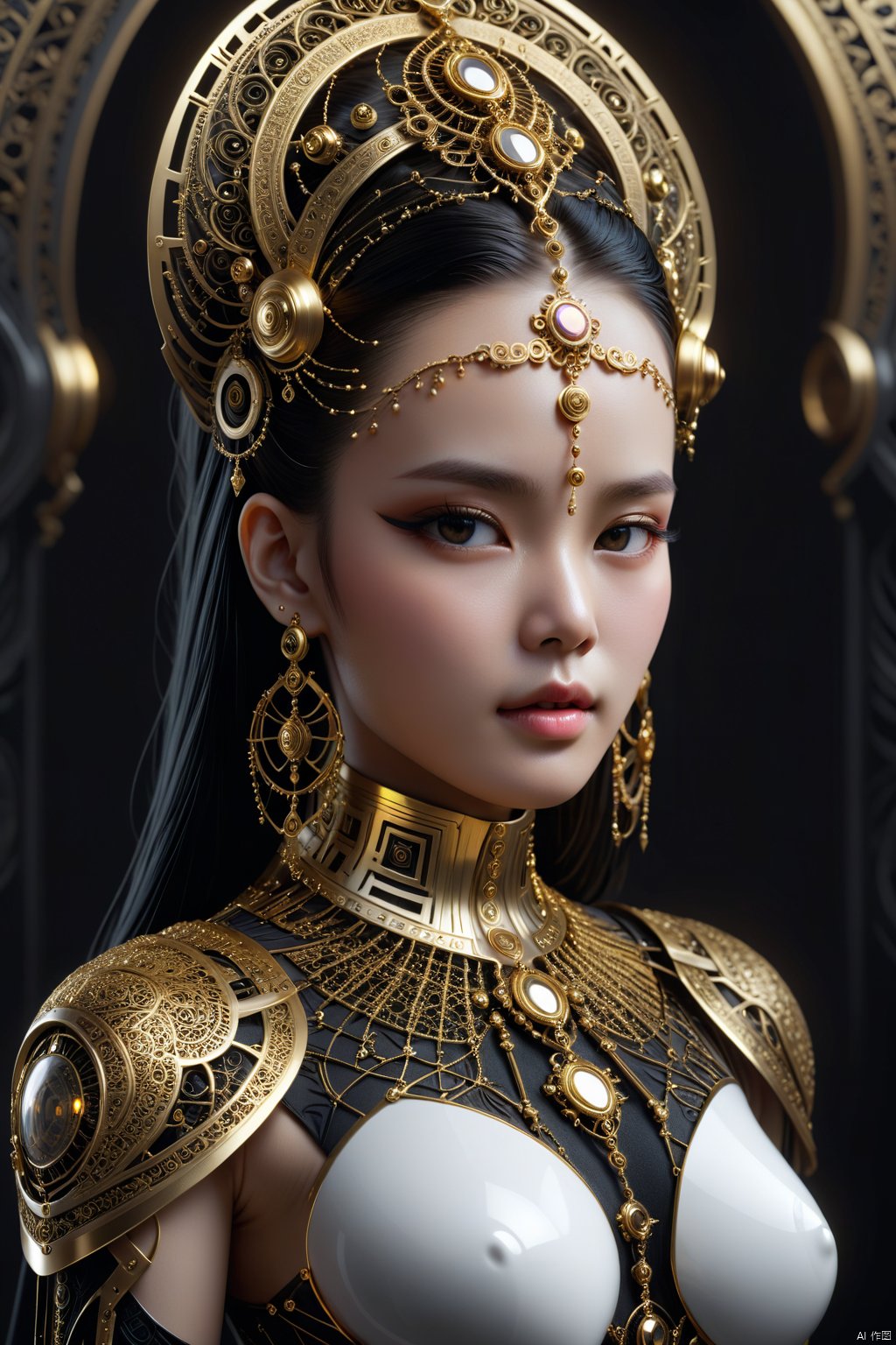  full body, breathtaking portrait of beautiful female looking at viewer, gold ornaments, in the style of gothic futurism, monochromatic symmetry, intricate embellishments, eerily realistic, yup'ik art, photo-realistic techniques, porcelain, subsurface scattering, Photorealistic, Hyperrealistic, analog style, realistic, film photography, soft lighting, heavy shadow . award-winning, professional, highly detailed, Eathereal goddess, non nsfw contents.