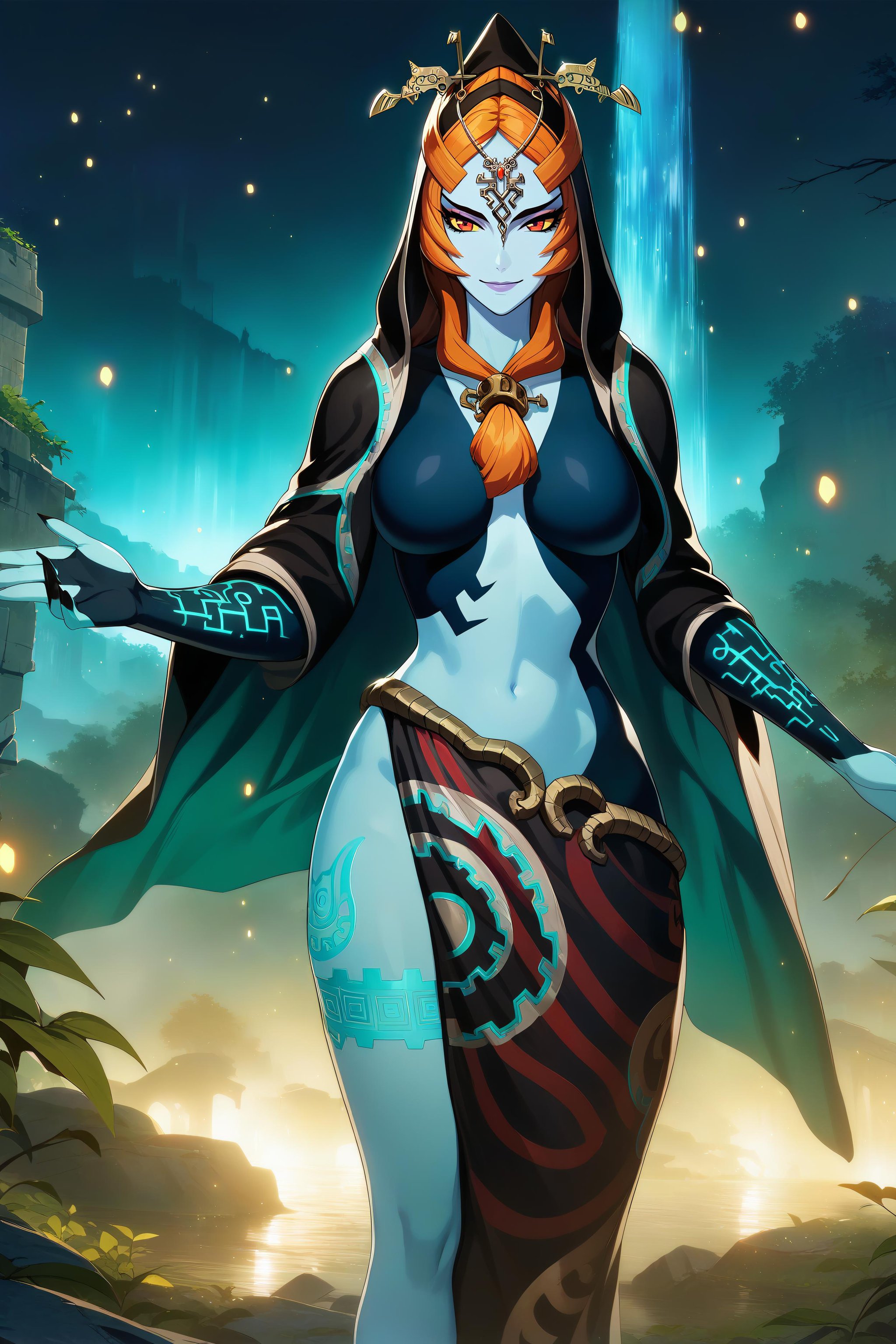 <lora:Midna_XL_AM_V6:0.9> masterpiece, best quality, 1girl, midnatrue, colored sclera, multicolored skin, two-tone skin, front ponytail, nude, cloak, half-skirt, hood, hair ornament, forehead jewel, smile, fireflies, moonlight, ruins, overgrown, waterfall, cinematic, game cg, official art, glowing