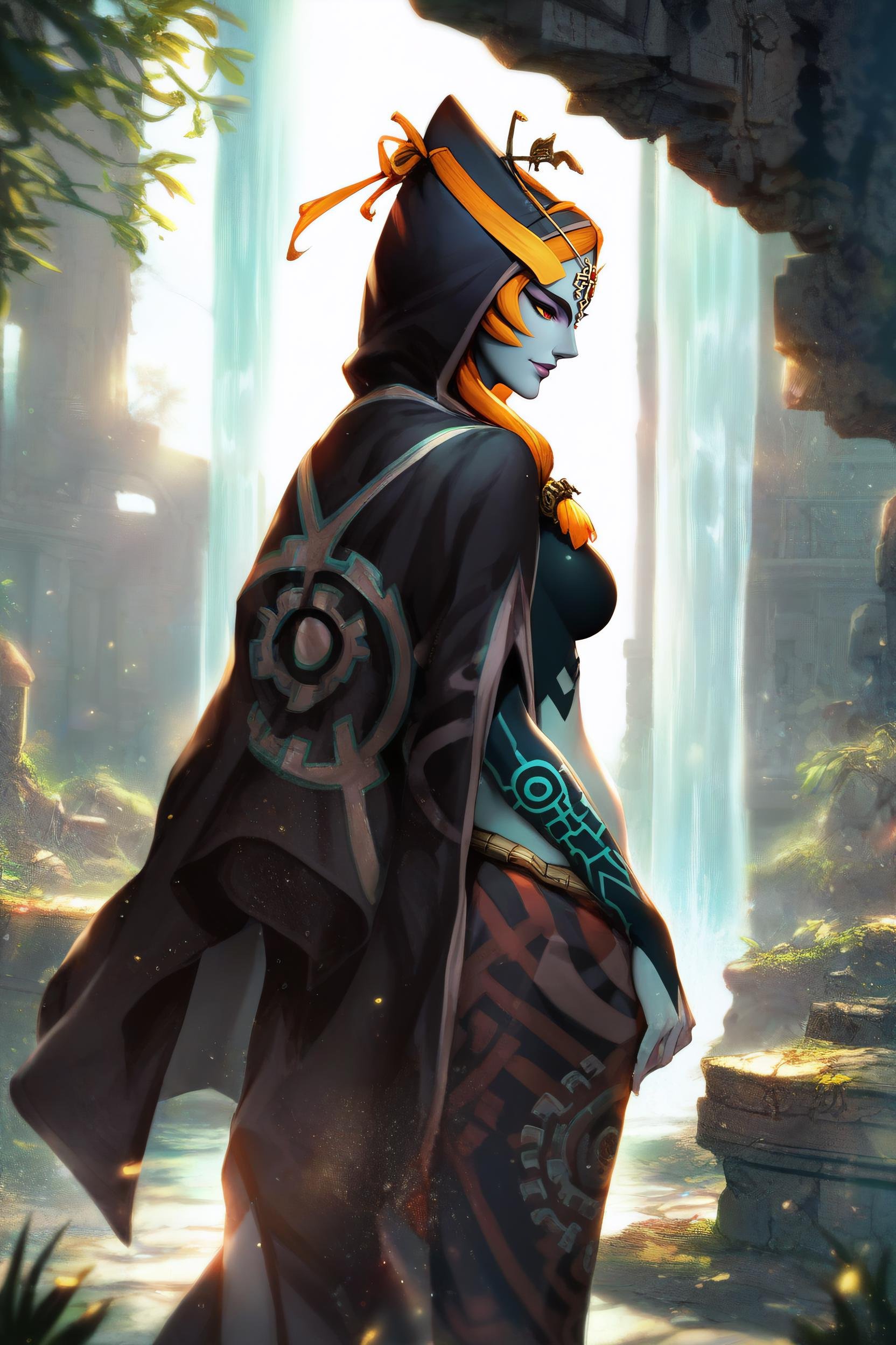 <lora:Midna_XL_PD_V6:0.9> score_9, score_8_up, score_7_up, source_cartoon, source_anime, 1girl, midnatrue, multicolored skin, two-tone skin, colored sclera, nude, cloak, hood, half-skirt, hair ornament, forehead jewel, smile, soft lighting, intricate, highly detailed, soft particles, god rays, moonlight, ruins, overgrown, waterfall