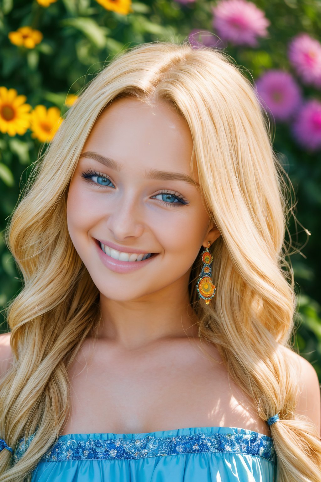 masterpiece, best quality, smile, wo_haypane01, in blue sundress, portrait, blonde, long wavy hair, looking at viewer, colorful background, Nikon D750, 32k, Megapixel, HDR, Leica 50mm lens, Kodak Portra 800 film