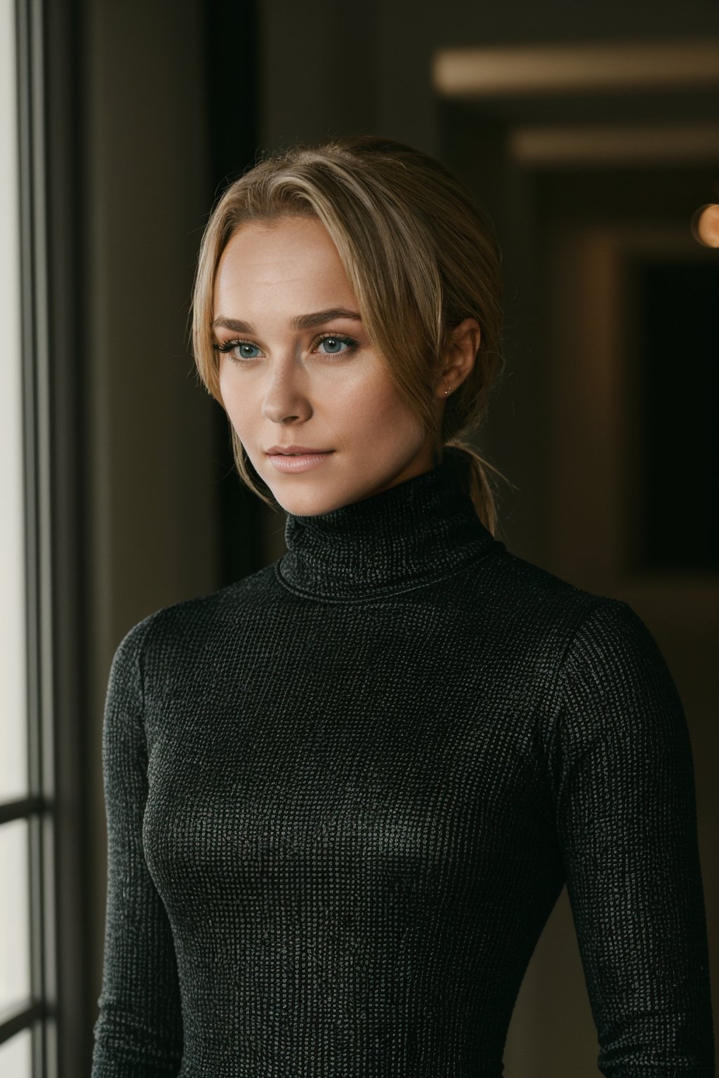 a photography of the gorgeous wo_haypane01, wearing a turtleneck black dress, half body shot, sharp focus, 8k high definition, insanely detailed, intricate, masterpiece, highest quality, film grain, Movie still