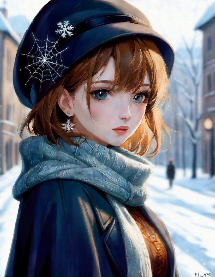 (fflixmj6:1.3), portrait, fflixmj6, 1girl, earrings, jewelry, hat, looking at viewer, scarf, blurry background, brown hair, snow, winter clothes, parted lips, realistic, outdoors, upper body, coat, artist name, silk, snowing, signature, spider web, grey eyes, short hair, from side