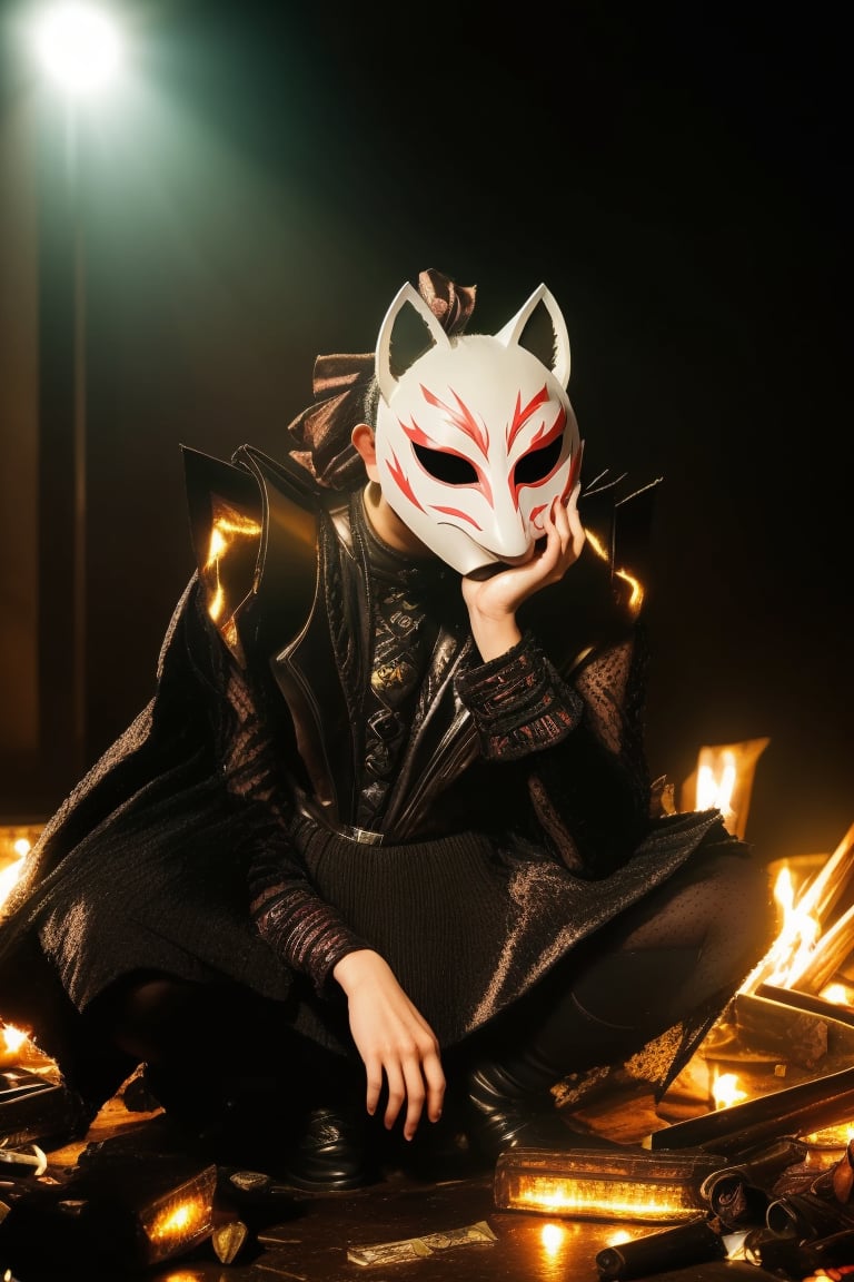 babymetal, (((fox mask))), 1girl, a woman, wearing fosk mask, kitsune mask, depth of field, dark room, mist floor, black dress, ponytail, long sleeves, hair bun, money, stokings, long skirt, action figure, ((ruined room background, gloomy scene, fullbody, shot on 35mm analog camera with expired film, Fujicolor, film grain, ray tracing, backlighting, bloom, better hand, backlight, horror vibe, gloomy)), ((more_detail)