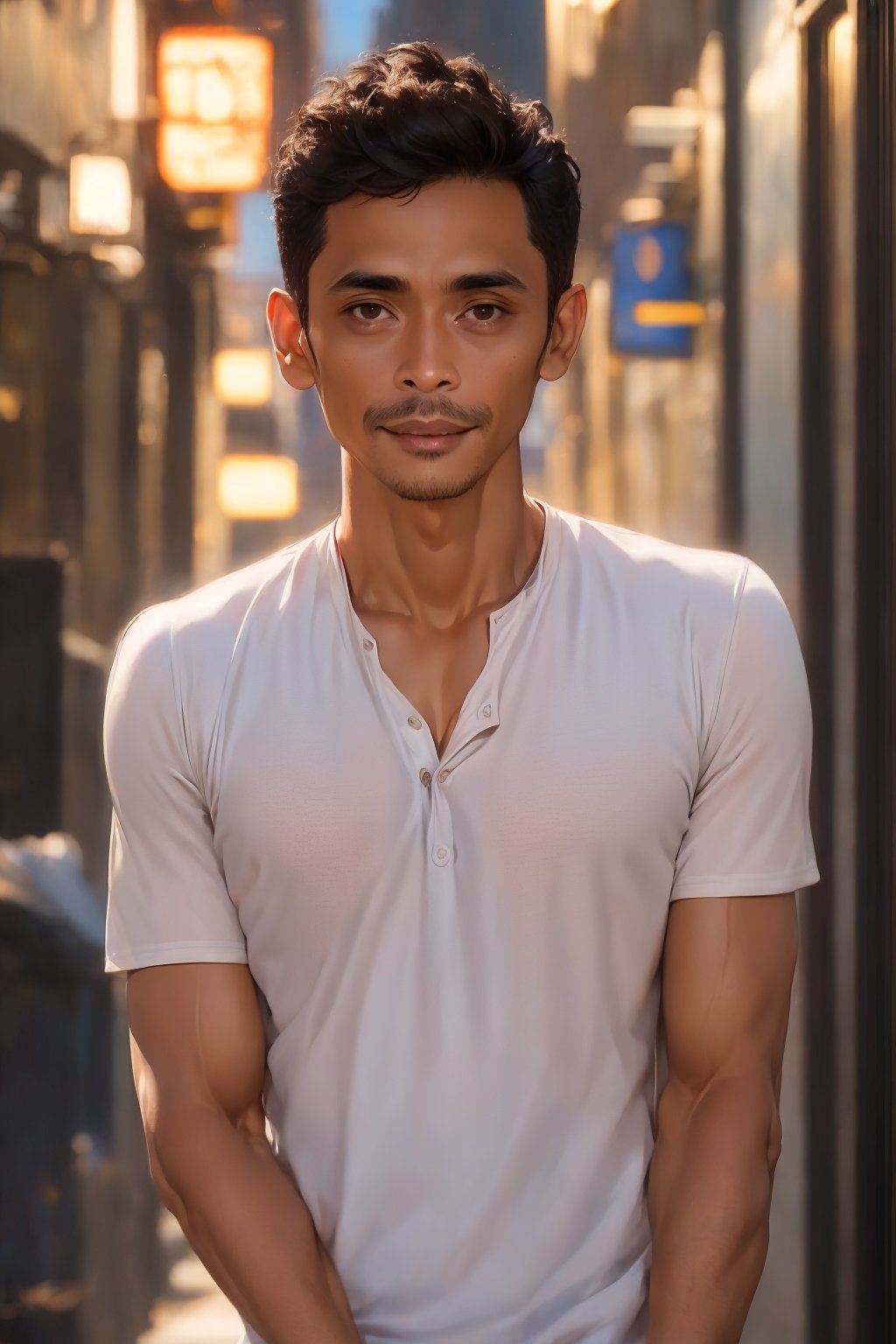A photograph of a handsome young man, indonesian, 40 yo, fit, light brown skin, black hair, ((men's hair parted to the left), dark brown eyes,,WONG-TIGO