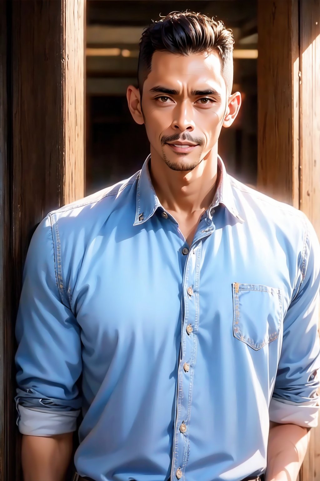 A photograph of a handsome young man, indonesian, 40 yo, fit, light brown skin, black hair, ((men's hair parted to the left), dark brown eyes, WEARING WHITE COLLARED SHIRT AND WEARING DARK BLUE JEANS, 
,WONG-TERMINATOR2