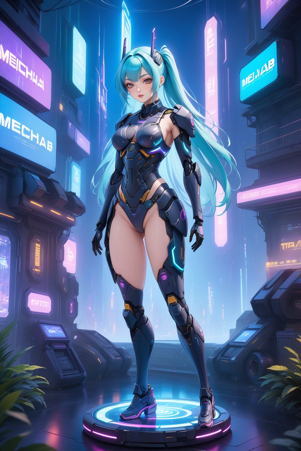 (Cowboy Shot:1.5), (1girl), solo, perfect figure, long hair, delicate face, Bikini Mecha, Cyberpunk scene, (Mecha Anime Figurine:1.5), (Depth of field:1.2),
(Masterpiece, Best Quality, 8k:1.2), (Ultra-Detailed, Highres, Extremely Detailed, Absurdres, Incredibly Absurdres, Huge Filesize:1.1), (Cyberpunk Style:1.3), By Futurevolab, Neon Lights, Futuristic Cityscape, High-Tech Ambiance. ,Mecha