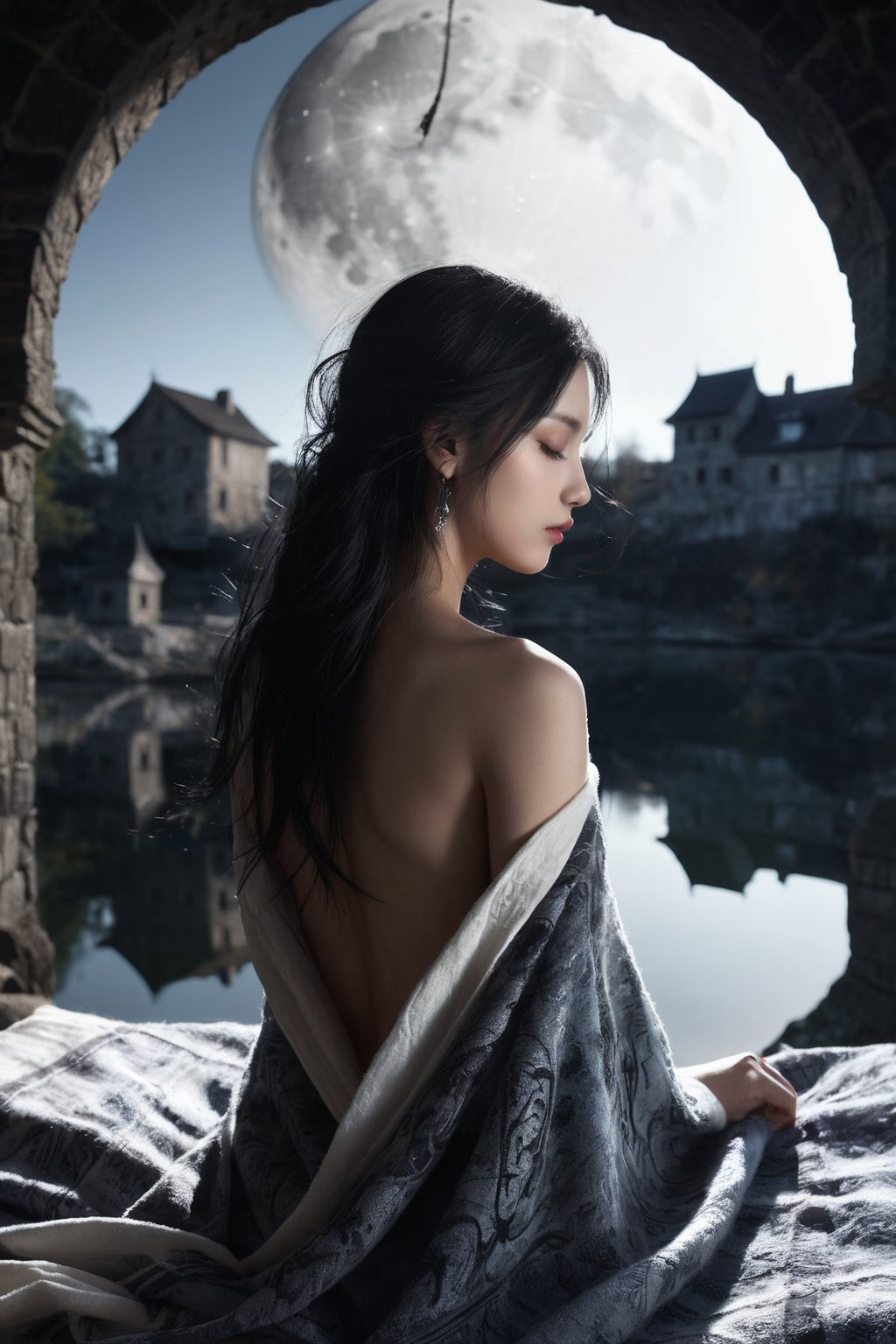 Double Exposure Style, Volumetric Lighting, arching her back, Traditional Attire, Artistic Calligraphy and Ink, light depth, dramatic atmospheric lighting, image combination, fantasy art, , (a blanket:1.3), a girl, black-hair , (naked, nude, )sleeping, looking a the moon, it is in a Witcher setting, lake and cityscape, ruined city, Fantasy, Back lighting, Colorful, Moon, dreamy magical atmosphere,HUBGGIRL,1girl, Extremely beautiful girl,

