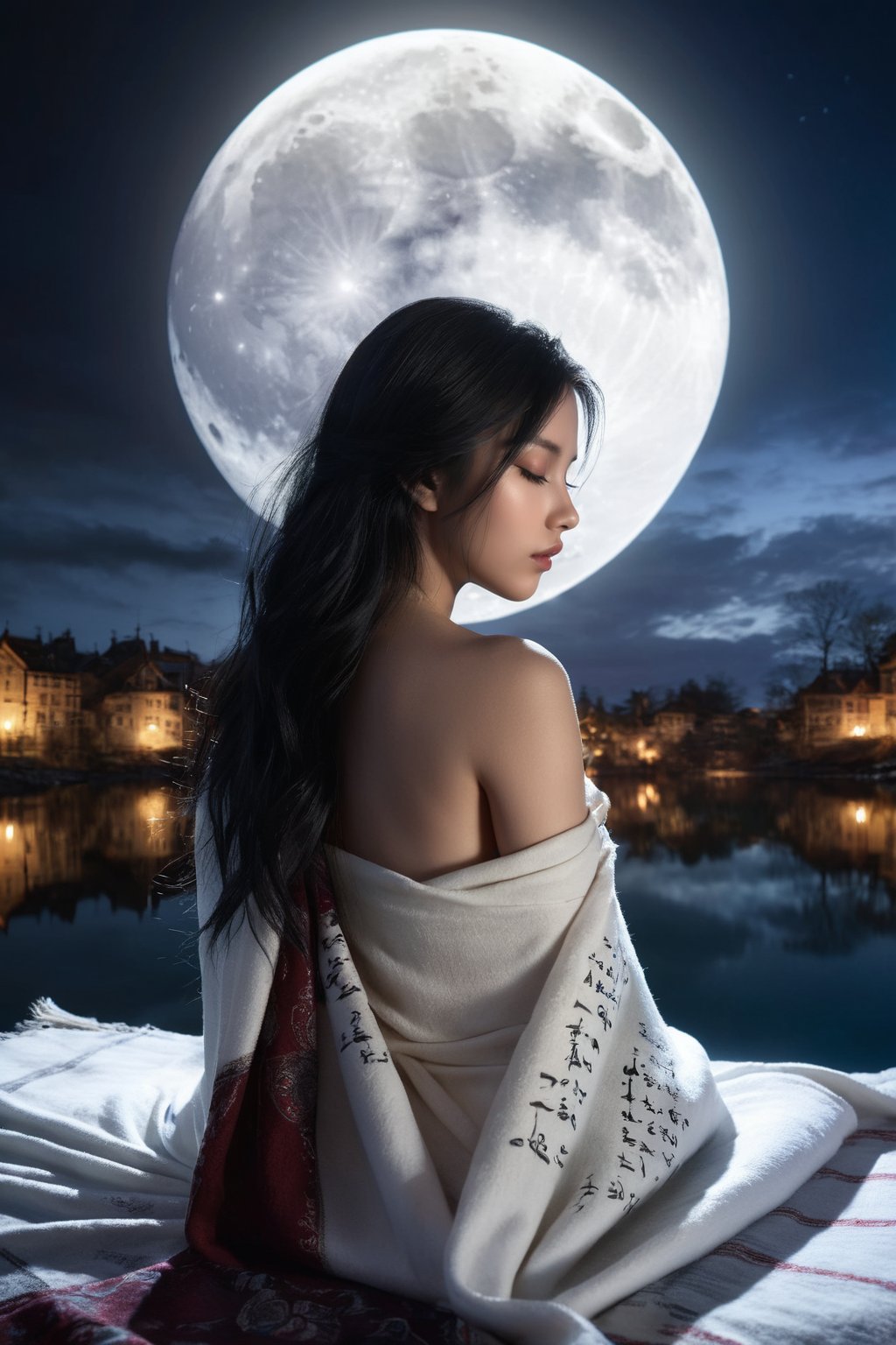 Double Exposure Style, Volumetric Lighting, arching her back, Traditional Attire, Artistic Calligraphy and Ink, light depth, dramatic atmospheric lighting, image combination, fantasy art, , (a blanket:1.3), a girl, black-hair , (naked, nude, )sleeping, looking a the moon, it is in a Witcher setting, lake and cityscape, ruined city, Fantasy, Back lighting, Colorful, Moon, dreamy magical atmosphere,HUBGGIRL,1girl, Extremely beautiful girl,
