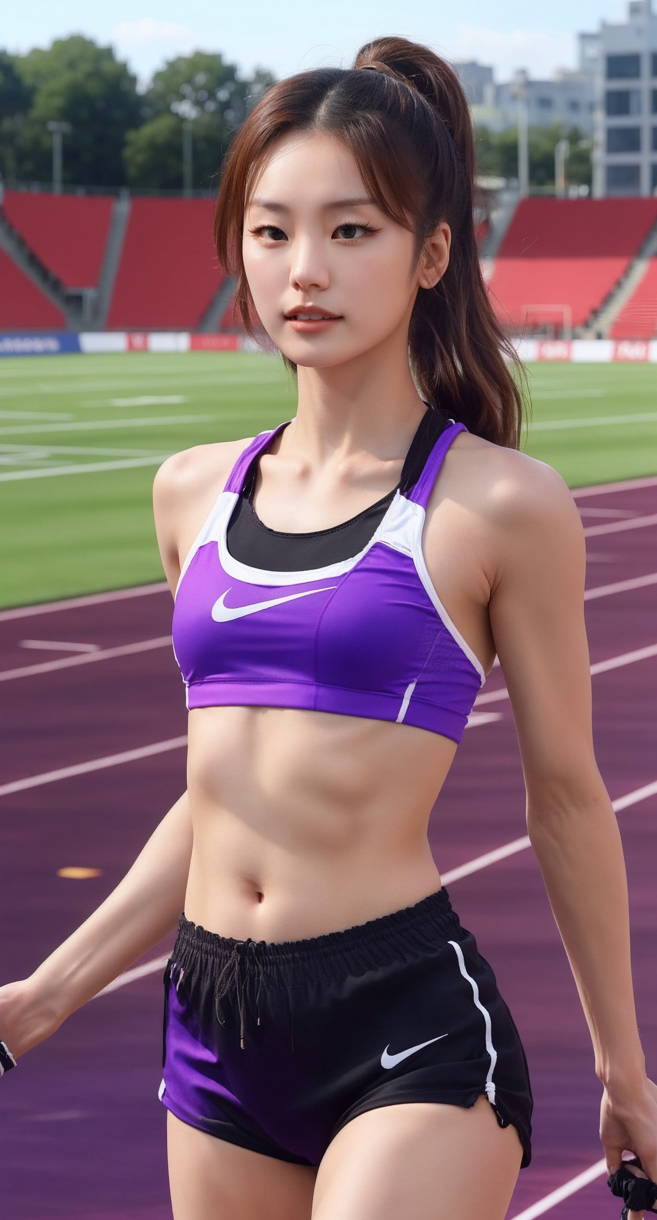 1girl, beautiful Korean woman, dark brown eyes, detailed eyes, detailed iris, detailed face, shoulder length brown hair color, beautiful hair, (looking at viewer), break pony_tail, heterochromia, long hair, track athlete, track uniform, purple-black sport bra, purple-black microshorts, spandex, sneakers, break, Channel an cute and sexy look, creating a dramatic and captivating silhouette, (photorealistic), hyperealistic shadows, | stadium track background, bokeh, depth of field, | 3DMM,Masterpiece