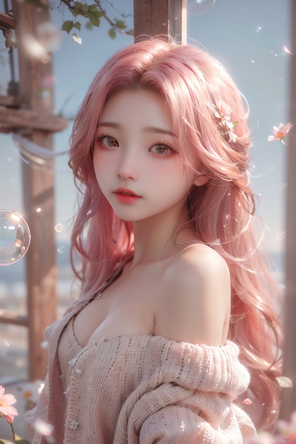 bubble,1girl,sweater,white background,Off Shoulder,blurry background,pink flower, pink sky,pinktheme,autumn,autumn leaves,dusk,embers,pink hair, (\meng ze\)