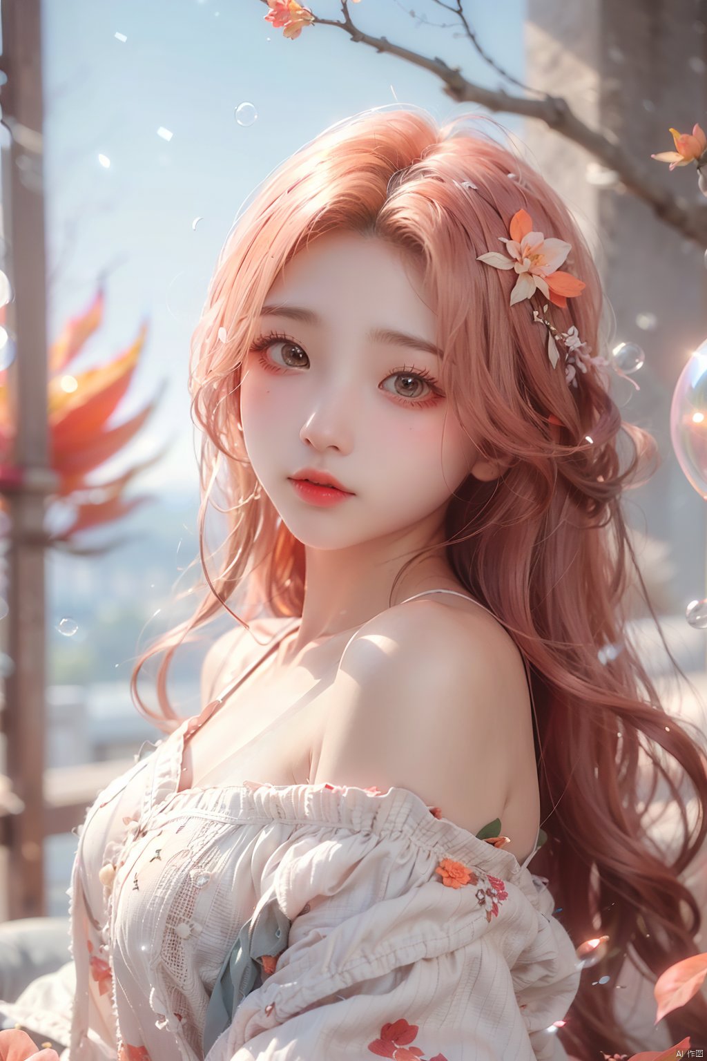 bubble,1girl,sweater,white background,Off Shoulder,blurry background,orange flower, orange sky,pinktheme,autumn,autumn leaves,dusk,embers,fiery hair, (\meng ze\)