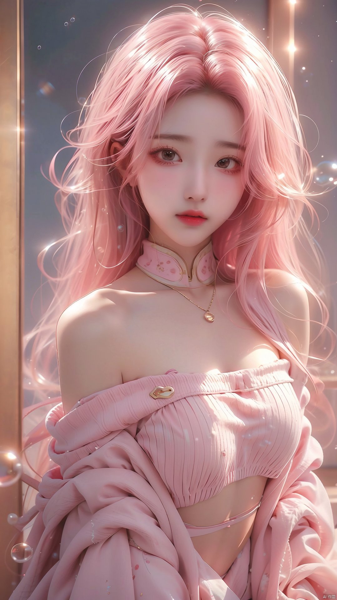  bubble,pink hair,High quality, masterpiece, Portrait,cinematic texture,1girl,sexy_sweater, navel,Scarf,Off shoulder, (\meng ze\)