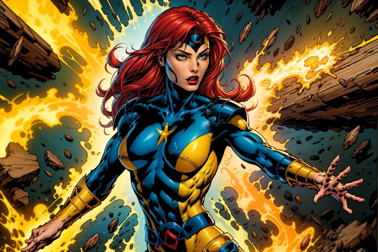 solo, jeangrey , body suit blue yellow, red long hair, green eyes, lipstick, skin tight, toned, Xmen mansion background